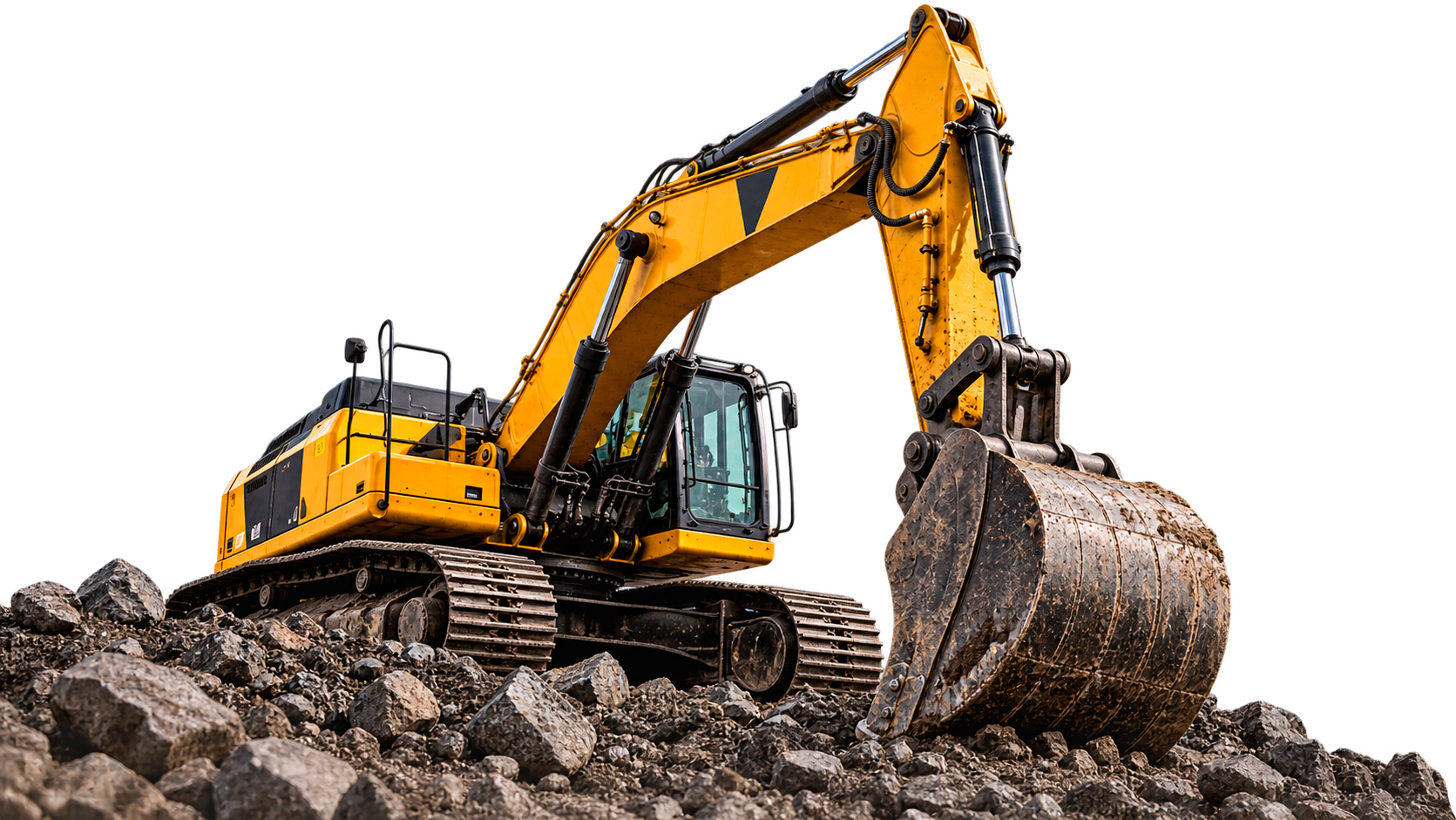 Гусеничный экскаватор на каменной глыбе