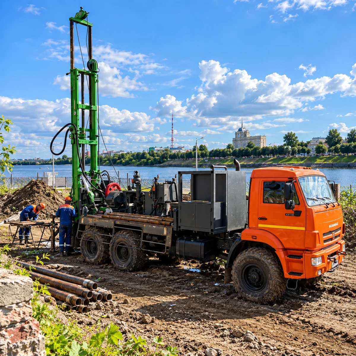 Буровая установка выполняет бурение на объекте